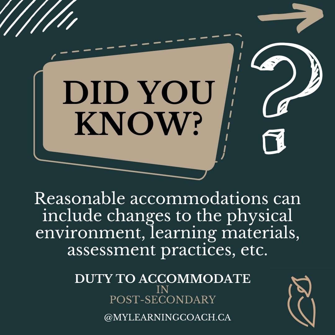 Did you know that post-secondary schools in Canada are legally required to provide reasonable accommodations for students with disabilities? 🎓✨

Reasonable accommodations can include changes to the physical environment, learning materials, assessment practices, etc. 

 These supports ensure everyone has equal access to learning and success. If you need accommodations, don’t hesitate to reach out—your education should be accessible and inclusive! #AccessibilityMatters #InclusiveEducation #DutyToAccommodate #mylearningcoach