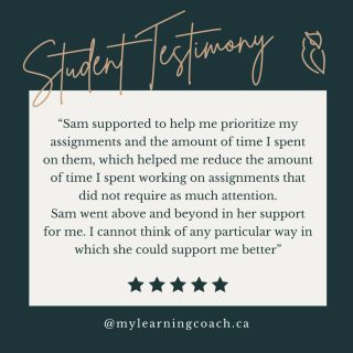 Celebrating growth, effort, and perseverance with this Student Testimony!

"Sam supported to help me prioritize my assignments and the amount of time I spent on them, which helped me reduce the amount of time I spent working on assignments that did not require as much attention. Sam went above and beyond in her support for me. I cannot think of any particulat way in which she could support me better"