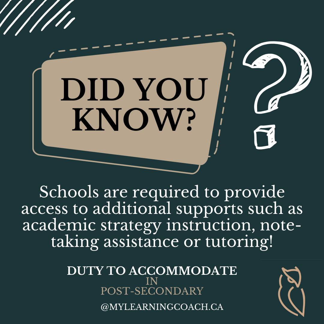 Did You Know?

Post-Secondary Schools are required to provide access to additional supports under duty to accommodate legislation. This means that students who experience functional impacts related to a disability or medical condition that affects their learning are entitled to access additional support such as academic strategy instruction, note-taking assistance, or tutoring. These supports are essential in ensuring that all students have equal opportunities to succeed 💪📚.

Through these additional supports, students can receive the assistance they need to overcome barriers and thrive in their academic pursuits. It is important for schools to be proactive in identifying and implementing accommodations to support students with disabilities, promoting inclusivity and diversity on campus 💡📝.

By providing these necessary supports, Post-Secondary Schools contribute to creating a more accessible and inclusive learning environment for all students. #DutyToAccommodate #InclusiveEducation #EqualOpportunities #AccessibilityMatters 🎓📖 #mylearningcoach #highereducation #accessibilityservices #postsecondarysupport