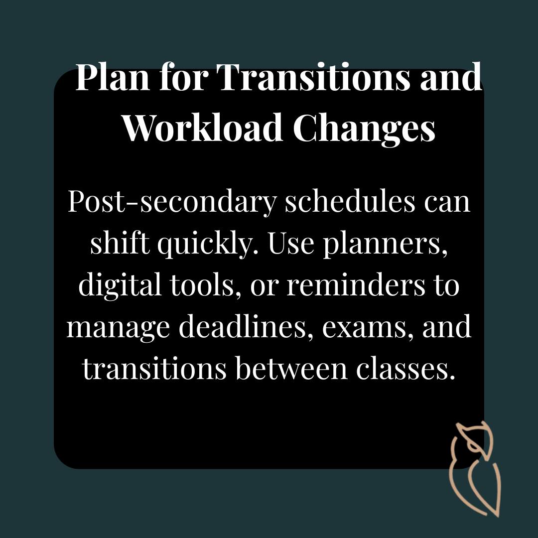 𝐏𝐥𝐚𝐧 𝐟𝐨𝐫 𝐭𝐫𝐚𝐧𝐬𝐢𝐭𝐢𝐨𝐧𝐬 𝐚𝐧𝐝 𝐰𝐨𝐫𝐤𝐥𝐨𝐚𝐝 𝐜𝐡𝐚𝐧𝐠𝐞𝐬 

Post-secondary schedules can shift quickly, with changing deadlines, exam periods, and competing priorities. MyLearningCoach coaches work alongside students to anticipate these transitions, break workloads into manageable steps, and create realistic plans using planners, digital tools, and personalized strategies. With guided support, students are better prepared to navigate changes with confidence and stay on track academically.

 #mylearningcoach #highereducation #accessibilityservices #postsecondarysupport