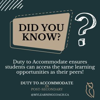 Did You Know?
Duty to Accommodate ensures students can access the same learning opportunities as their peers!

Duty to Accommodate is a legal obligation that ensures students with disabilities have equal access to education. This means that schools must make necessary adjustments to accommodate students' needs, whether it be through providing extra time on exams, assistive technology, or accessible learning materials. By fulfilling this duty, schools can create an inclusive learning environment where all students can thrive and reach their full potential. 

Accommodations are not about giving students an unfair advantage, but rather about leveling the playing field so that everyone has an equal opportunity to succeed. So, let's strive to promote diversity and inclusivity in education by upholding the Duty to Accommodate for all students. 📚📝 #DutyToAccommodate #InclusiveEducation #EqualAccess #EducationForAll #mylearningcoach #highereducation #accessibilityservices #postsecondarysupport